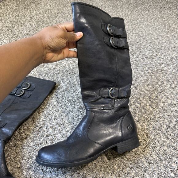 Born Boots Womens 9 Attila Tall Riding Black Leather Side Zip Buckle Strap - Picture 2 of 10